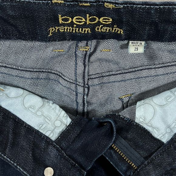 Bebe Premium Denim Skinny Jeans Dark Wash Gold Embroidered Monogram Women Sz 29 - Picture 7 of 12